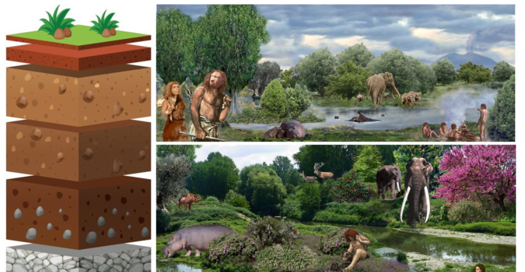 Un esempio di stratigrafia del terreno (sx) e le ricostruzioni di due ambienti preistorici laziali di due diverse fasi pleistoceniche compatibili con Casal de’ Pazzi. Un esempio di stratigrafia del terreno (sx) e le ricostruzioni di due ambienti preistorici laziali di due diverse fasi pleistoceniche compatibili con Casal de’ Pazzi.