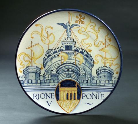Retrosi Veduta del Rione V Ponte Serie di piatti dei 14 Rioni storici di Roma, 1926  ceramica dipinta, Ø cm 36, h cm 4  Roma, Museo di Roma 