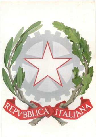 Emblema della Repubblica Italiana, 1948 Disegno definitivo a colori, approvato dall’Assemblea Costituente, con la stella a cinque punte (l’Italia), la ruota dentata (il lavoro), il ramo di ulivo (la pace) e il ramo di quercia (la forza)