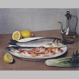 Francesco Trombadori, “Natura morta con pesci”, 1930, dipinto olio su tela. Collezione Donatella Trombadori, Roma